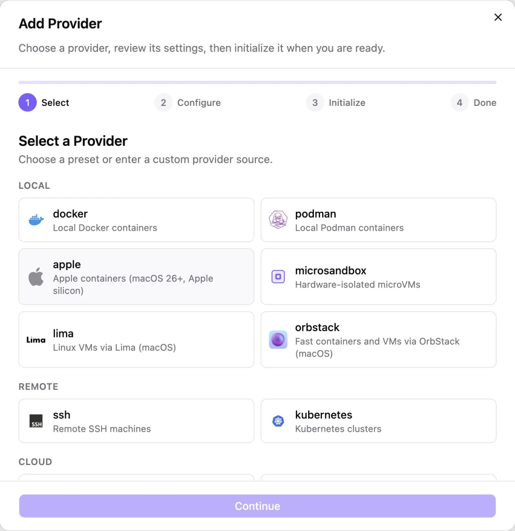 Current Devsy Desktop provider setup, with grouped local and remote choices and a review-before-initialization flow